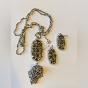 Kendra Scott Silver and Gunmetal Filigree Tassel Necklace and Earrings